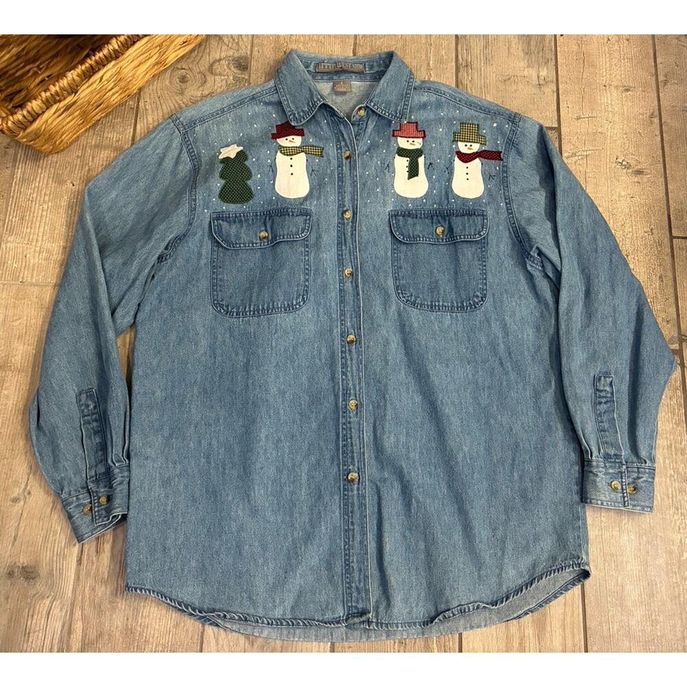 VTG Upper West Side Denim Shirt Snowman Holiday Appliqué Large 90s Adorable!